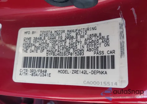 2012 Toyota Corolla Le from USA, damaged, VIN 5YFBU4EE6CP015203